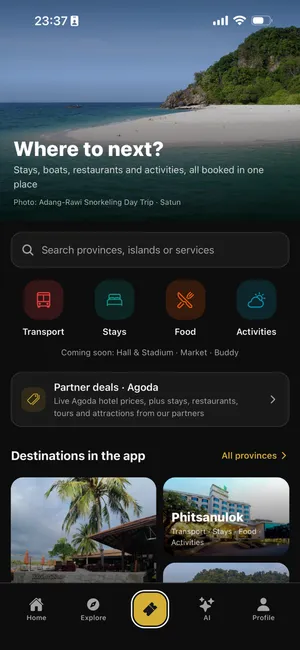 TOHSAKAN home screen with a search box for provinces, islands or services, buttons for Transport, Stays, Food and Activities, an Agoda partner deals card and destinations in the app