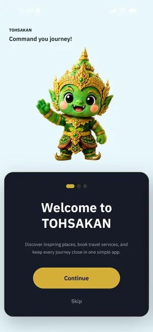 Welcome screen with the Tohsakan mascot waving and the text Welcome to TOHSAKAN